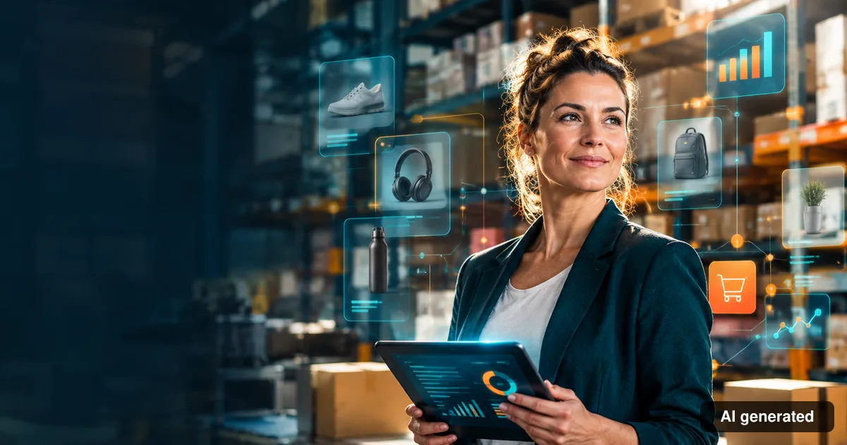 Frau mit Tablet im Lager, davor schwebende Produkt- und Analyse-Karten als Symbol für KI im eCommerce