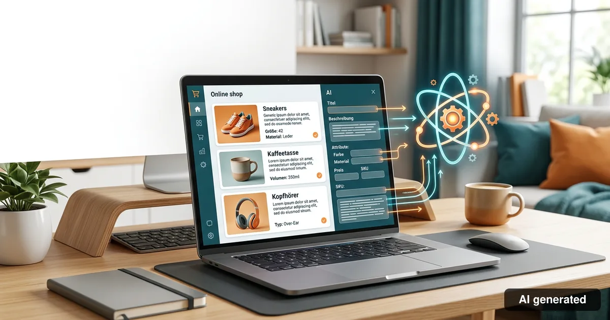 Laptop mit Onlineshop-Produkten, aus denen KI Titel, Beschreibung und Attribute erzeugt