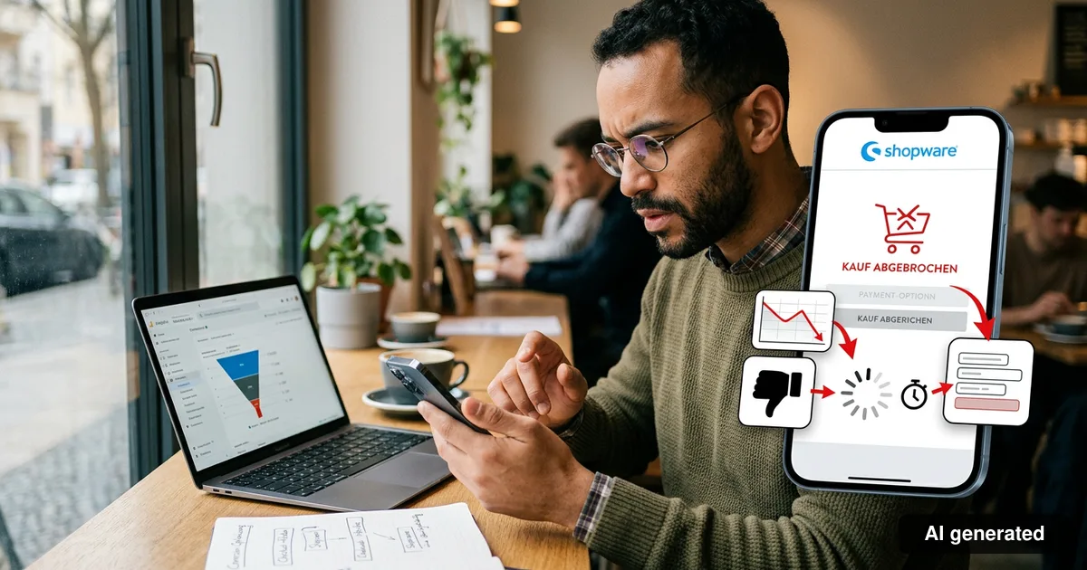Mann prüft auf dem Smartphone einen abgebrochenen Kauf im Shopware-Checkout, am Laptop ein Funnel-Report