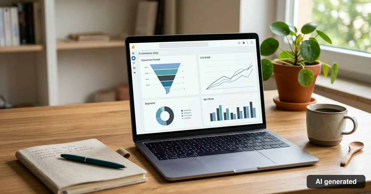 Laptop mit Analyse-Dashboard: Conversion-Trichter, Segmente und Verlaufskurven eines Onlineshops