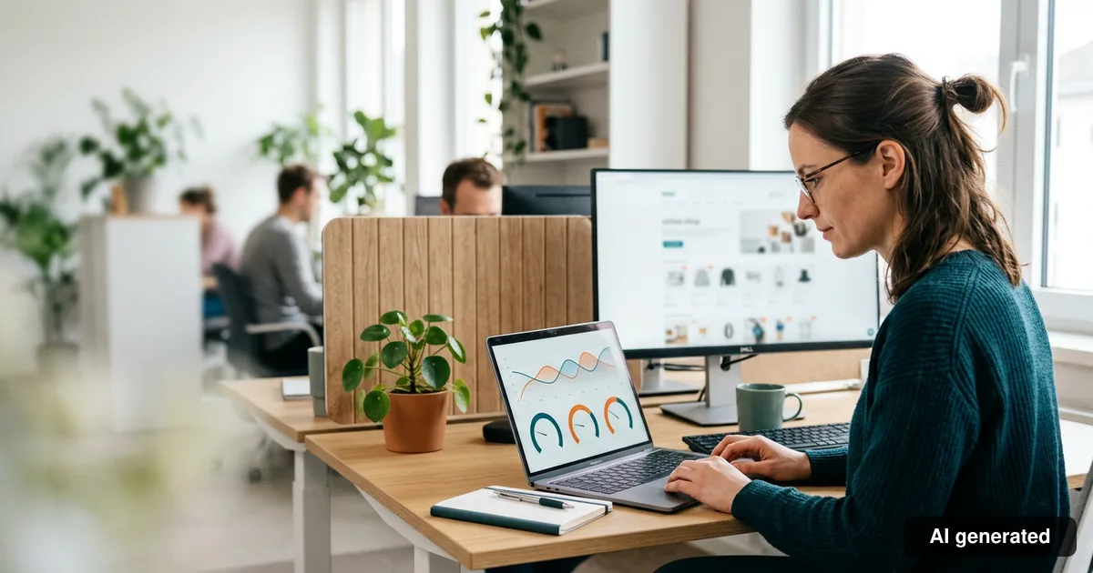 Entwicklerin analysiert Performance-Kennzahlen am Laptop, auf dem Monitor ein Onlineshop