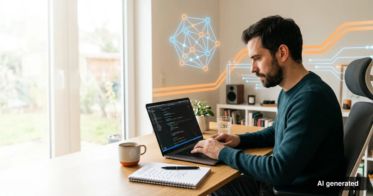 Entwickler programmiert am Laptop, im Hintergrund ein KI-Netzwerk als Symbol für KI-gestützte Entwicklung
