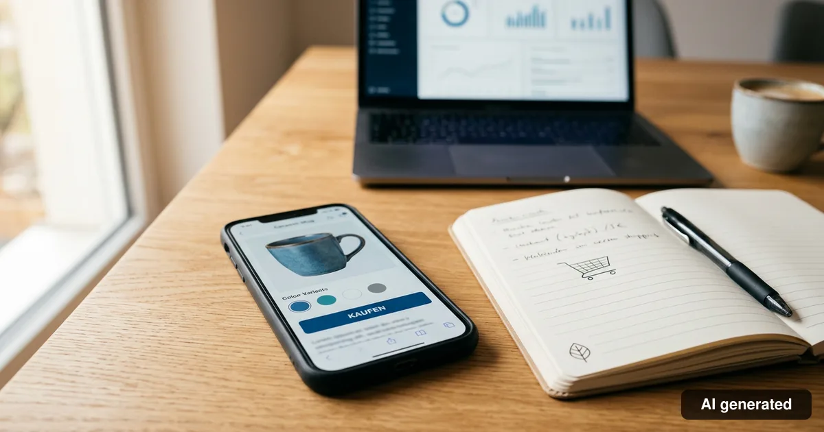 Smartphone mit Shopware-Produktseite: Tasse mit Farbvarianten und Kaufen-Button, daneben Notizbuch und Laptop