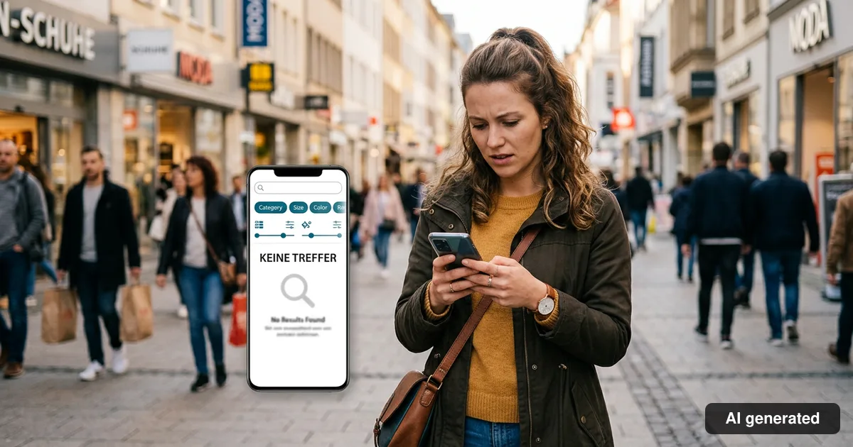 Frau in der Fußgängerzone schaut frustriert aufs Smartphone, die Shopsuche zeigt keine Treffer