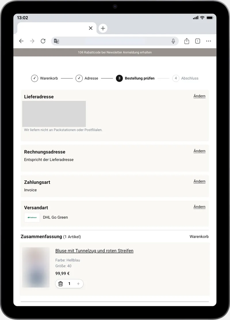 Checkout-Bestellübersicht auf dem Tablet nach der Überarbeitung: Fortschrittsanzeige und kompakte Karten für Adresse, Zahlungsart und Versandart