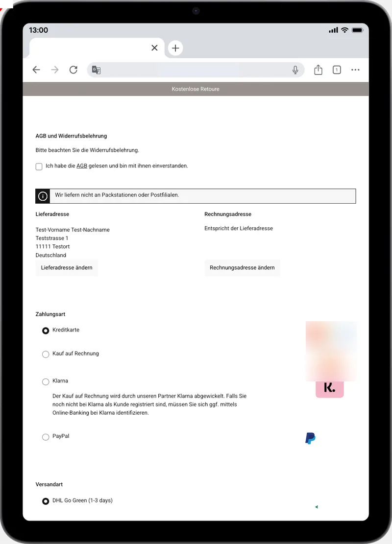 Checkout-Bestellübersicht auf dem Tablet vor der Überarbeitung: Bestätigung, Adressen, Zahlungsarten und Versandart in einer langen Seite