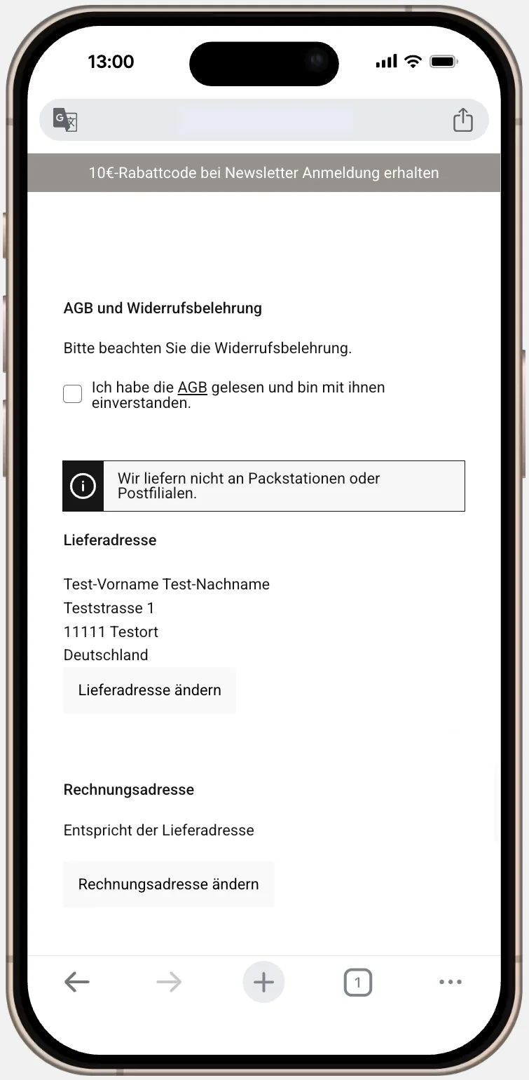 Checkout-Bestellübersicht auf dem Smartphone vor der Überarbeitung: Gesamtsumme und Bestellbutton sind im sichtbaren Bereich nicht zu sehen