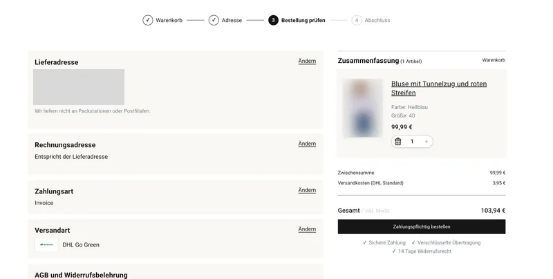 Checkout-Übersicht nach der Überarbeitung: Fortschrittsanzeige, Adresse, Zahlungsart und Versandart als einzelne Karten mit Zusammenfassung