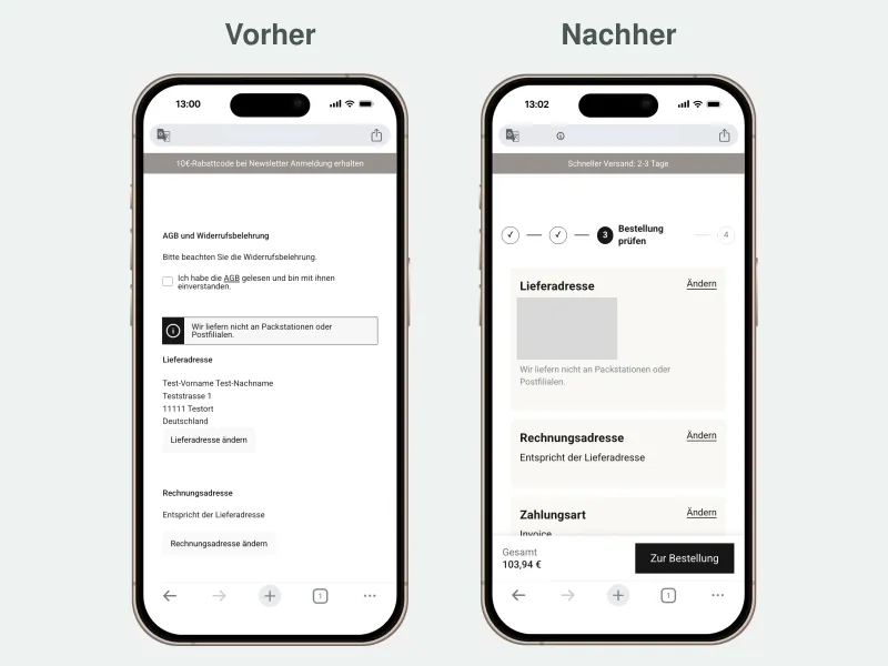 Mobiler Checkout eines Modehändlers vor und nach der Überarbeitung