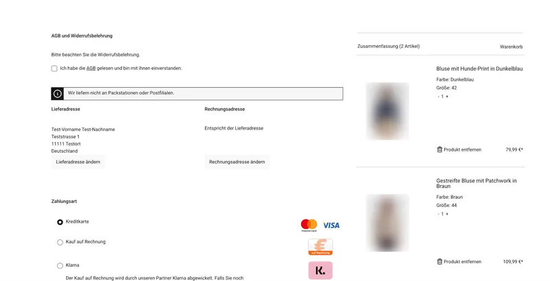 Checkout-Übersicht vor der Überarbeitung: Bestätigungsfeld, Adressen und Zahlungsarten untereinander auf einer Seite